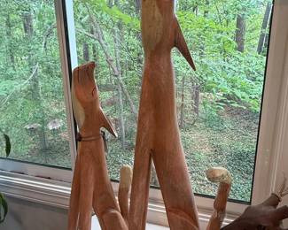 Hand Carved Wooden Wolf/Coyote and Deer Sculptures