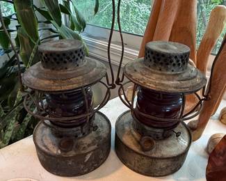 Pair of Vintage Railroad Lanterns with Red Globes