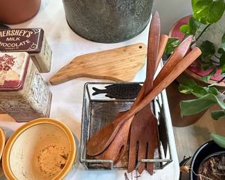 Wooden Salad Servers in Distressed Metal Caddy with Fish Motif