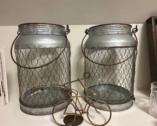 Galvanized Metal Milk Can Lanterns with Chicken Wire and Copper Bicycle Figurine