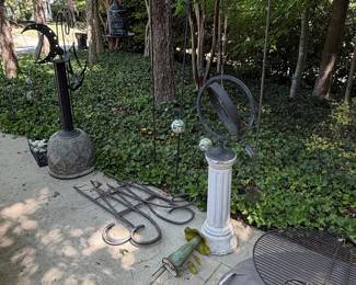 Vintage Garden Ornaments Lot: Armillary Sphere, Bird Feeder, and Wrought Iron Stakes