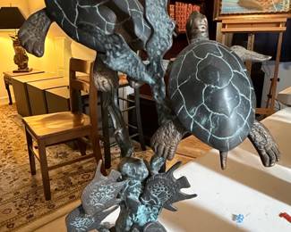 Bronze Sea Turtle Sculpture with Fish by SPI