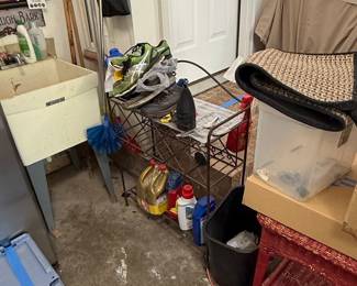 Vintage Metal Utility Shelf with Assorted Items