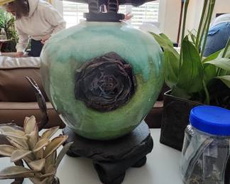 Raku Ceramic Vase with Applied Floral Motif