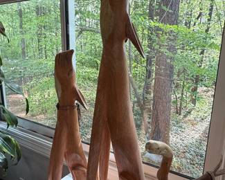 Set of 3 Hand-Carved Wooden Animal Sculptures (Coyote, Deer Head, and abstract animal)