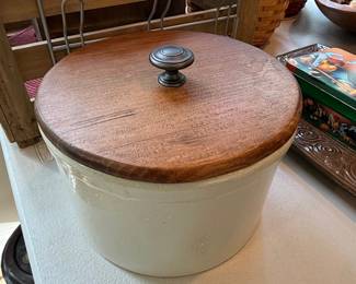 Vintage White Stoneware Crock with Wooden Lid