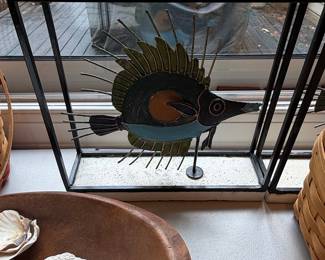 Mid-Century Modern Metal Fish Sculpture in Geometric Frame