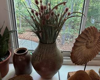 Vintage 70's Avocado Glazed Ceramic Vase with Dried Grasses