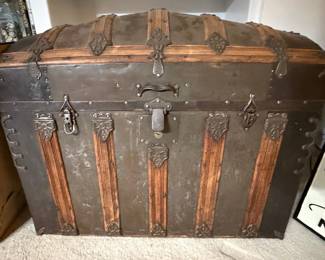 Antique Dome Top Steamer Trunk with Embossed Tin and Wood Slats