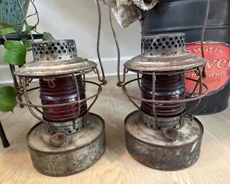 Vintage Adlake Kero Railroad Lanterns with Red Globes (Pair)