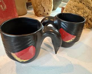 Pair of Black Ceramic Mugs with Red and Yellow Abstract Design and Sculptural Handles