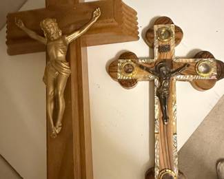 Two Wooden Crucifixes: Large Fluted Edge with Gold Corpus and Small Mother-of-Pearl Inlaid