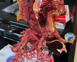 Red Meteor Volcano Hydra Dragon On Faux Quartz Geode Figurine