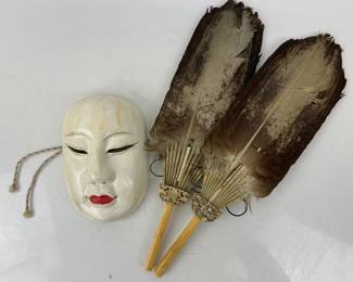 Antique Japanese Theater Mask & Chinese Fans
