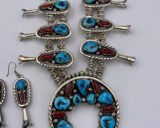 Turquoise and Coral Squash Blossom and Earrings