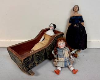 Miniature Grain Painted Cradle with Dolls