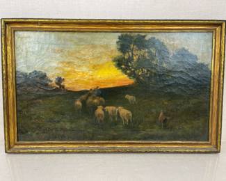 Antique Sheep Scene Oil on Canvas
