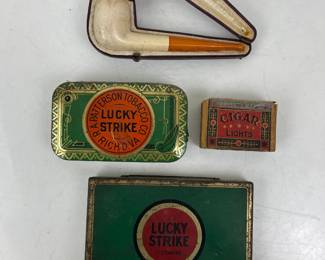 Antique Tobacco Pipe and Lucky Strike Tins
