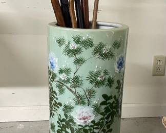 Porcelain Umbrella Stand With Vintage Canes