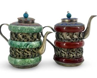 Chinese Stamped Silver and Jade/Agate Teapots