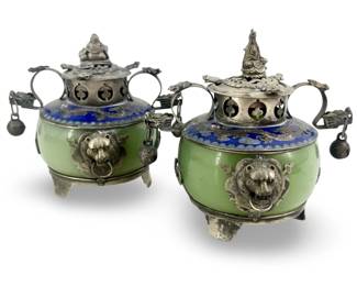 2pc Chinese Silver and Jade Jars