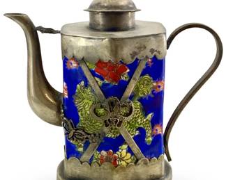 Chinese Stamped Silver & Porcelain Teapot