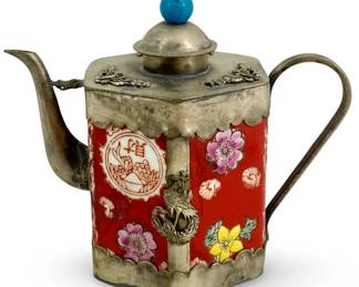Chinese Hand Painted Silver and Porcelain Teapot