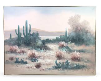 Large Signed E. Lee Desert Landscape Acrylic on