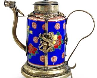 Vtg Chinese Stamped Silver and Porcelain Teapot