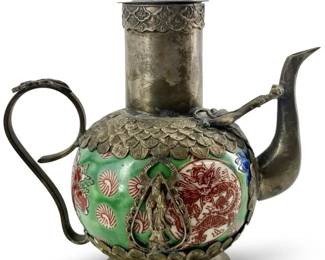Chinese Hand Painted Silver and Porcelain Teapot