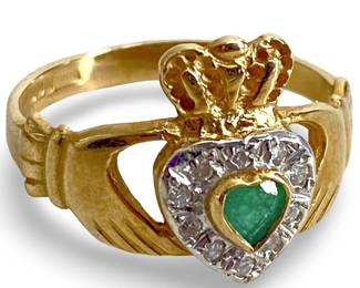 Diamond/ Emerald Inlaid 14K Gold Claddagh Ring
