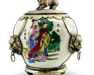 Hand Painted Chinese Porcelain and Silver Jar