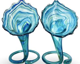 2pc Sooner Ozark Hand Blown Art Glass Tulip Vases