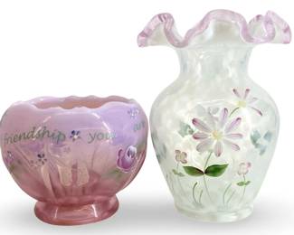 2pc Fenton Painted Opalescent Art Glass Vase/Bowl