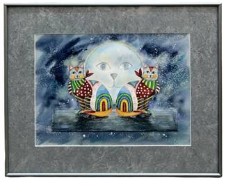 Signed C.D.T. Surrealist Cat Mixed Media