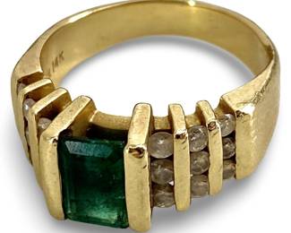 Diamond and Emerald Inlaid 14K Gold Ring