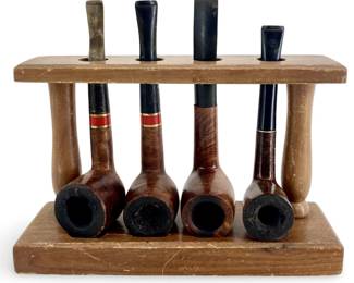 4pc Vintage Briar Wood Pipes on Stand