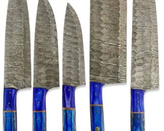 5pc Blue Handle Damascus Steel Kitchen Knives