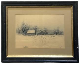 Signed Ernest Rost Winter Landscape Etching