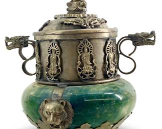 Chinese Silver and Jade Oriental Jar