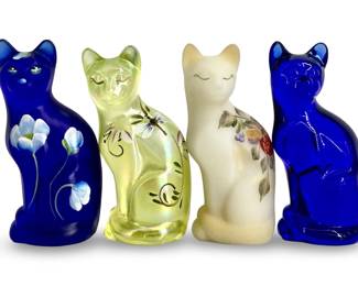 4pc Signed Hand Painted Fenton Art Glass Cats