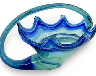 Hand Blown Blue Art Glass Basket Bowl