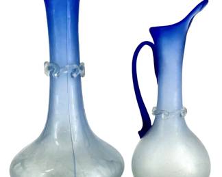 2pc. Blue Art Glass Vase and Pitcher