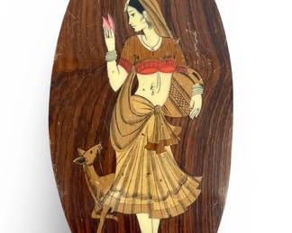 Vintage Bone Inlaid Multicolored Wood Wall Plaque