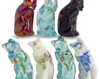 7pc Hand Painted Fenton Art Glass Cats
