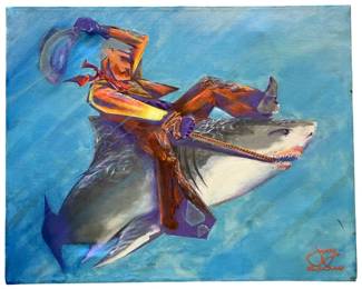 Signed Jerry Crow Shark Riding Oil on Canvas