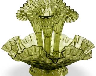 Fenton Colonial Green Egergne 3 Horns Glass Vase