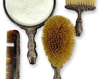 4pc Antique Art Noveau Silver Brushes and Mirror
