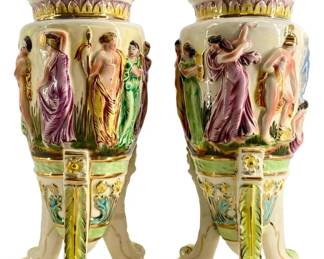 2pc 1800 Italian Ceramic Capidimonte Lidded Vases
