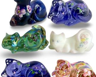 6pc Hand Painted Fenton Art Glass Cats